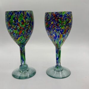Vibrant Mexican Art Glass Multicolor Goblets for Wine